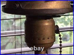 Antique Torchiere Style Metal 14 Table Lamp With Green Slag Shade
