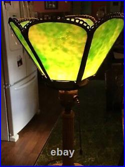 Antique Torchiere Style Metal 14 Table Lamp With Green Slag Shade