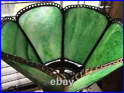 Antique Torchiere Style Metal 14 Table Lamp With Green Slag Shade