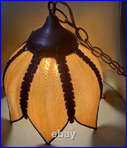 Antique Tulip Bent Slag Glass 8-Panel Hanging Lamp 11 x 10.5 withlong Chain Plug
