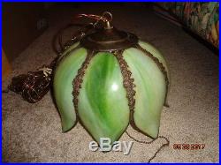 Antique Tulip Slag Glass Swag Lamp Original PULL CHAIN With Glass Fob Working