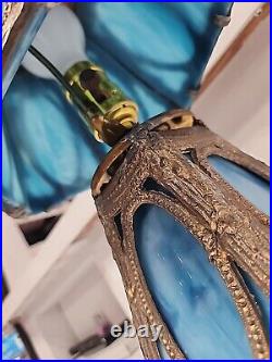 Antique Turquoise BLUE Slag Glass & Brass 13.5 Boudoir Lamp With Oval Cameos