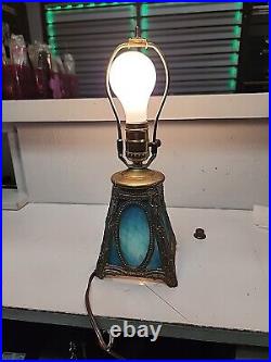 Antique Turquoise BLUE Slag Glass & Brass 13.5 Boudoir Lamp With Oval Cameos