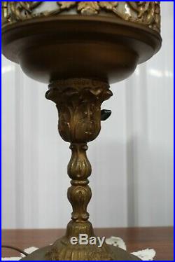 Antique Unusual Slag Glass Boudoir Figural Lamp With Glass Dome Cherub & Urn