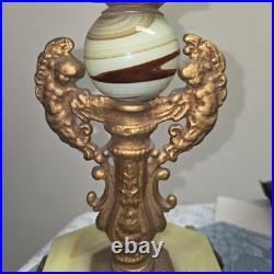 Antique Uranium Slag Glass Brass Cherubs Art Deco Houze AkroAgate Table Lamp 28