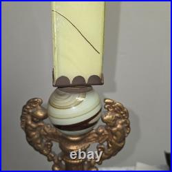 Antique Uranium Slag Glass Brass Cherubs Art Deco Houze AkroAgate Table Lamp 28
