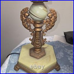 Antique Uranium Slag Glass Brass Cherubs Art Deco Houze AkroAgate Table Lamp 28