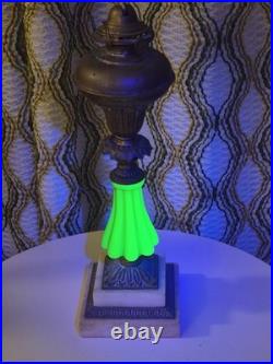 Antique Uranium Slag Glass Oil Lamp Brass Marble Base Victorian 1880s Glows