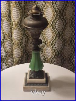 Antique Uranium Slag Glass Oil Lamp Brass Marble Base Victorian 1880s Glows