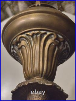Antique Uranium Slag Glass Oil Lamp Brass Marble Base Victorian 1880s Glows Antique Uranium Slag Glass Oil Lamp Brass Marble Base Victorian 1880s Glows