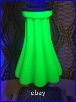 Antique Uranium Slag Glass Oil Lamp Brass Marble Base Victorian 1880s Glows