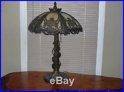 Antique VINTAGE WJ Bent Panel Slag Glass Table Lamp vine ornate base art crafts
