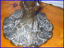 Antique VINTAGE WJ Bent Panel Slag Glass Table Lamp vine ornate base art crafts