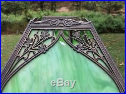 Antique VTG Art Nouveau Green Marble Slag Glass Ornate Heavy Cast Metal Lamp