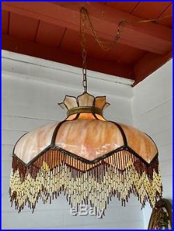 Antique Vanilla Slag Glass Hanging Lamp With Fringe