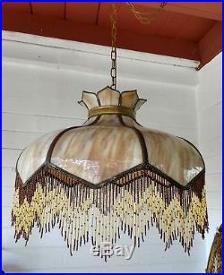 Antique Vanilla Slag Glass Hanging Lamp With Fringe