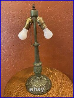 Antique Verdigris Lamp & Green Solid Brass Slag Glass Shade Handel Tiffany Era