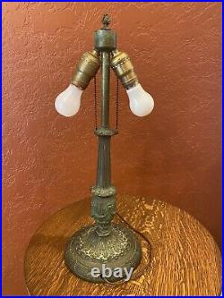 Antique Verdigris Lamp & Green Solid Brass Slag Glass Shade Handel Tiffany Era