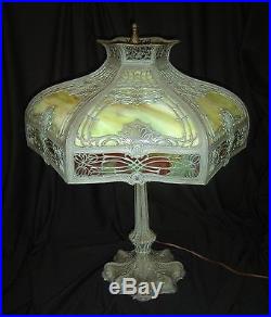 Antique Verdigris Stained Slag Glass Art & Craft Mission Tiffany Style Lamp 1925