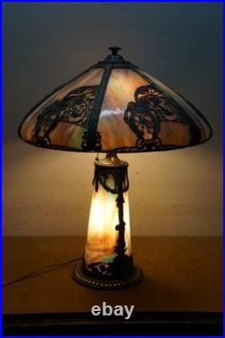 Antique Victorian Aesthetic Arts Nouveau Stained Slag Glass Parlor Lamp 25