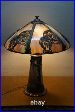 Antique Victorian Aesthetic Arts Nouveau Stained Slag Glass Parlor Lamp 25