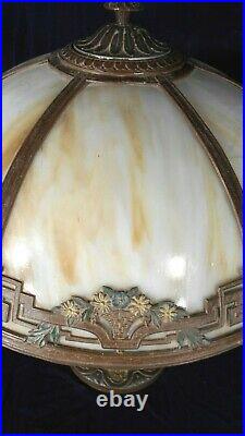 Antique Victorian Art Nouveau 6 Panel Stained Slag Glass Lamp By A&r Co