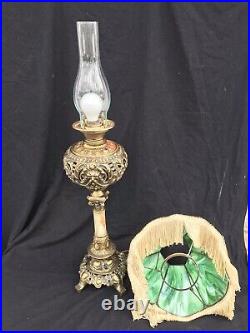 Antique Victorian Banquet/Parlor Lamp WithOriginal Slag/Stained Glass FringeShade
