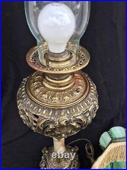 Antique Victorian Banquet/Parlor Lamp WithOriginal Slag/Stained Glass FringeShade