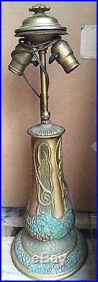 Antique Victorian Brass Hand Painted Table Lamp Double Socket Base Slag Glass