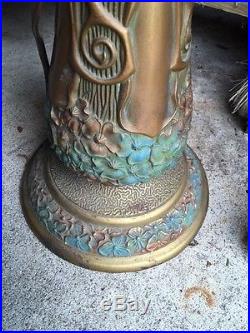 Antique Victorian Brass Hand Painted Table Lamp Double Socket Base Slag Glass