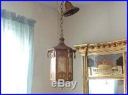 Antique Victorian Carmel & Blue Slag Glass Arts & Crafts Hanging Lamp