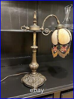 Antique Victorian Carmel Slag Glass Shade Beaded Fringe Bridge Arm Art Deco Lamp