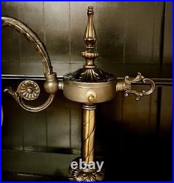 Antique Victorian Carmel Slag Glass Shade Beaded Fringe Bridge Arm Art Deco Lamp