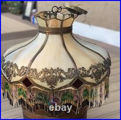 Antique Victorian Carmel Slag Glass with Beaded Fringe Trim Hanging Lamp