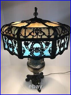 Antique Victorian Era Lamp 24 Panel Slag Glass Two Socket Electric Light