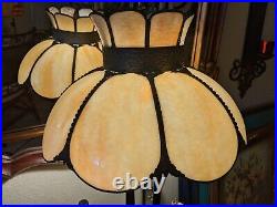 Antique Victorian Flower 8-Panel Swag Stained Slag Glass Hanging Lamp Shade 18