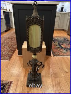 Antique Victorian Gothic Slag Glass Lantern Bronze Marble Base Uranium Neck Ball