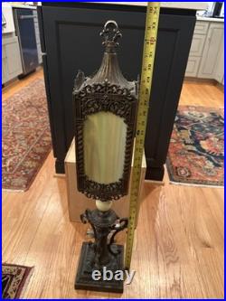 Antique Victorian Gothic Slag Glass Lantern Bronze Marble Base Uranium Neck Ball