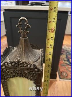 Antique Victorian Gothic Slag Glass Lantern Bronze Marble Base Uranium Neck Ball