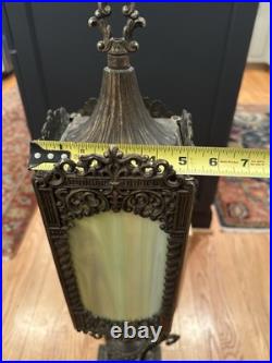 Antique Victorian Gothic Slag Glass Lantern Bronze Marble Base Uranium Neck Ball