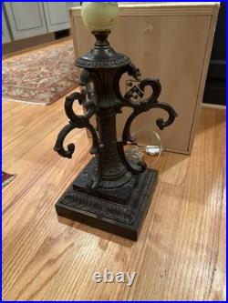 Antique Victorian Gothic Slag Glass Lantern Bronze Marble Base Uranium Neck Ball
