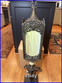 Antique Victorian Gothic Slag Glass Lantern Bronze Marble Base Uranium Neck Ball
