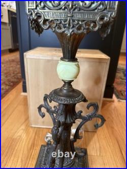 Antique Victorian Gothic Slag Glass Lantern Bronze Marble Base Uranium Neck Ball
