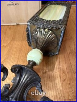 Antique Victorian Gothic Slag Glass Lantern Bronze Marble Base Uranium Neck Ball