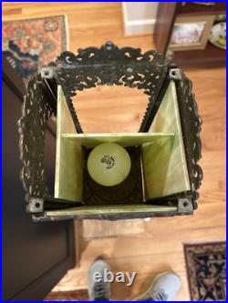 Antique Victorian Gothic Slag Glass Lantern Bronze Marble Base Uranium Neck Ball