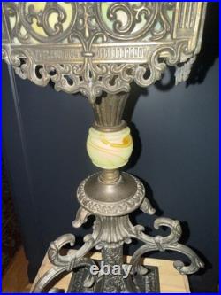 Antique Victorian Gothic Slag Glass Lantern Bronze Marble Base Uranium Neck Ball