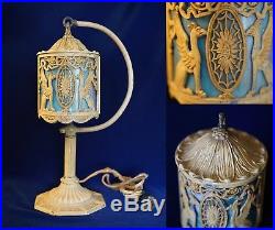 Antique Victorian Lamp Egyptian Sphinx Metal & Blue Slag Glass Table Lantern