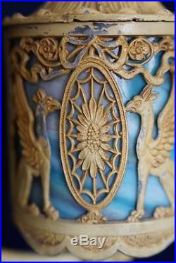 Antique Victorian Lamp Griffin Metal & Blue Slag Glass Table Lantern