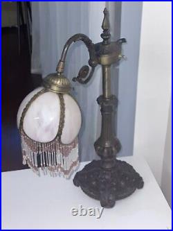 Antique Victorian Purple Slag Glass Shade Beaded Fringe Bridge Arm Art Deco Lamp
