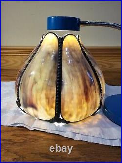 Antique Victorian Purple Streaks Bent Slag Glass Shade Table Lamp Light